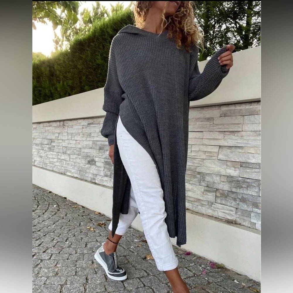 5X Charcoal Gray Oversized textured. Knit split hem hooded tunic - Picture 3 of 4